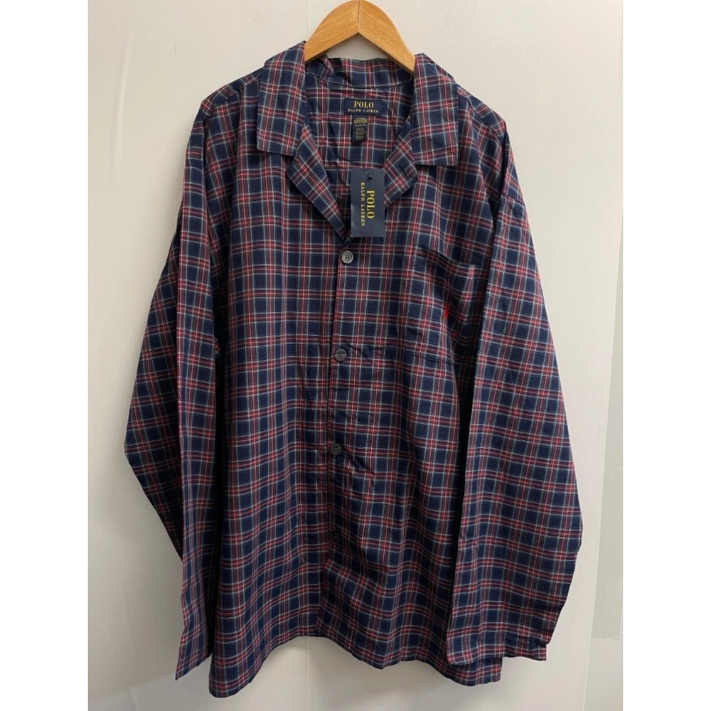 NEW Polo Ralph Lauren Men's Size XL Navy Blue/Red Plaid Sleep Shirt Pajama Top